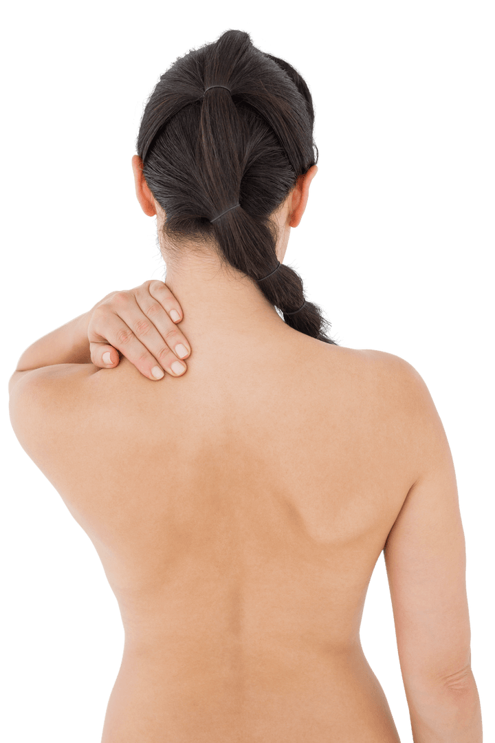 Transparent View of Brunette Touching Neck in Pain