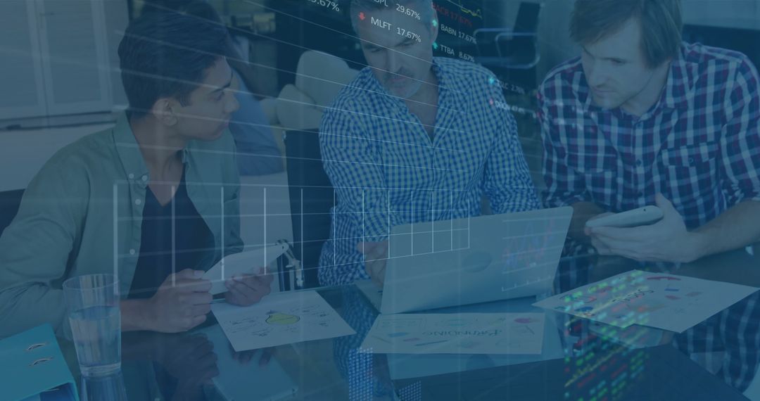 Collaborative Office Discussion with Financial Data Overlay