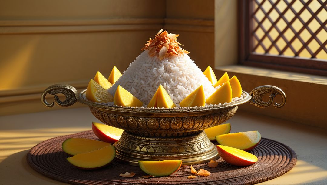 Golden tray with rice and mango slices by lattice window, vishu festival