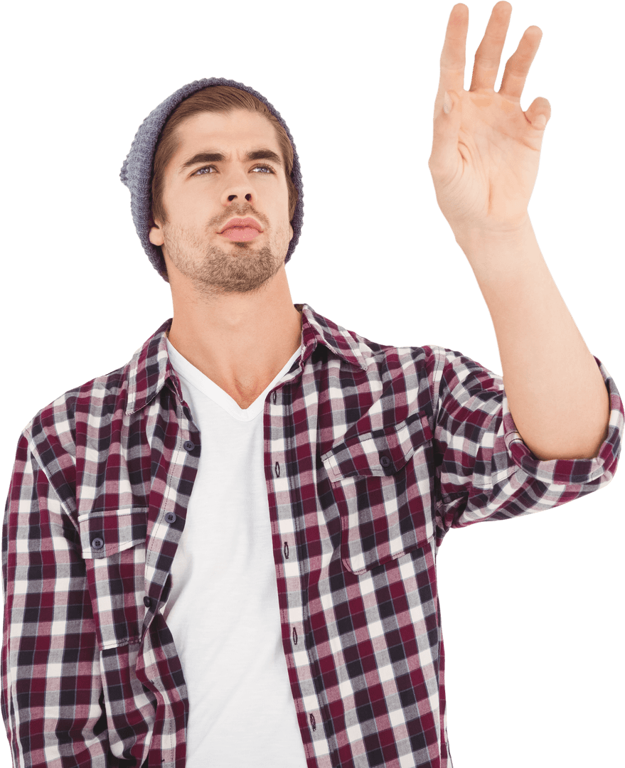 Casual Fashion Guy in Beanie and Flannel Posing on Transparent Background