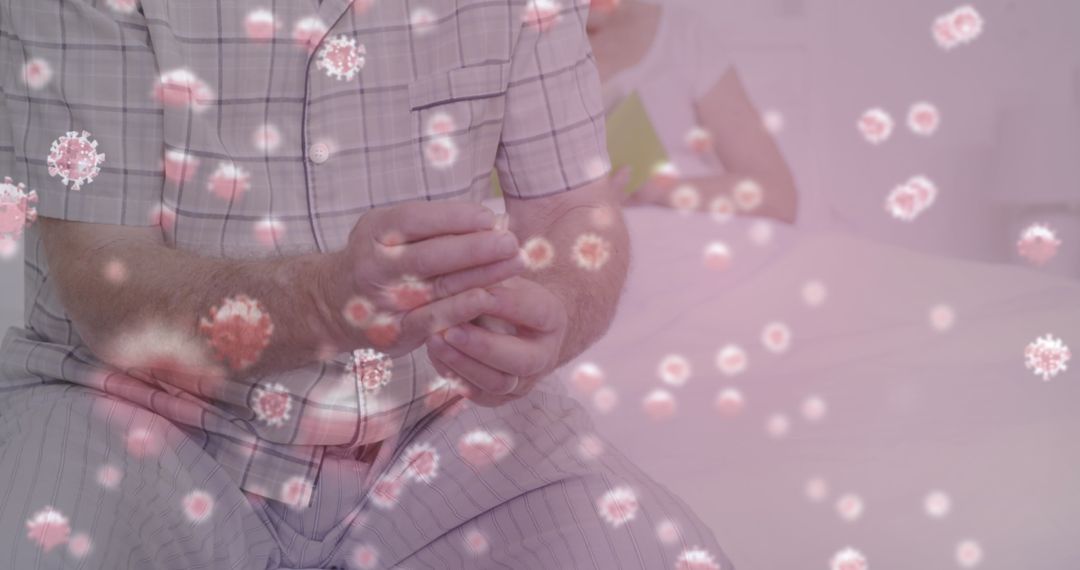 Man in Pajamas Feeling Unwell Amidst Floating Virus Particles