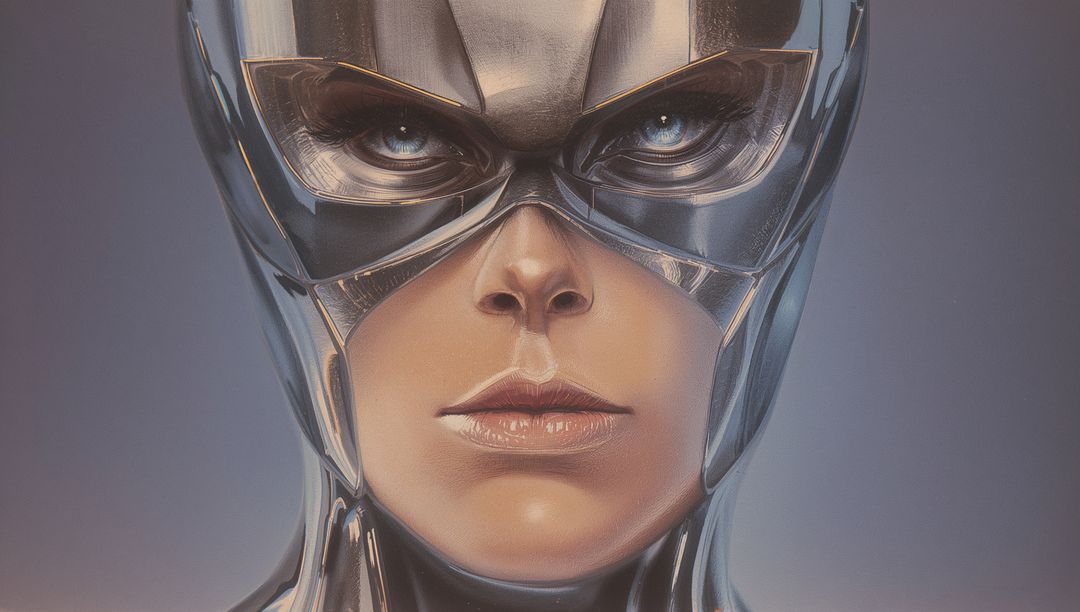 Chrome Warrior Woman Staring Through Sculpted Visor Wearing Futuristic Armor Portrait