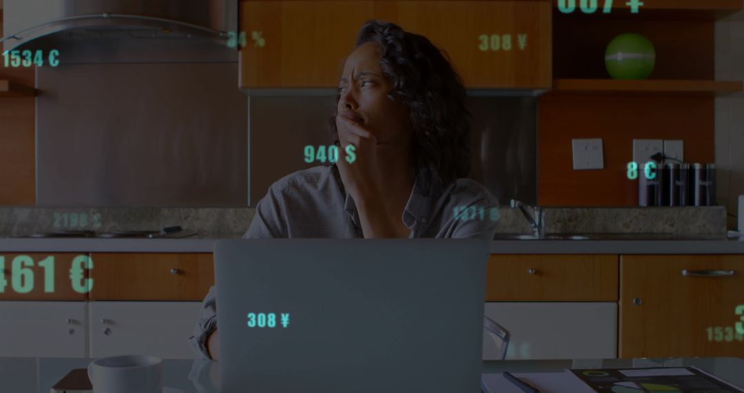 Businesswoman Contemplating Currency Exchange at Digital Workspace