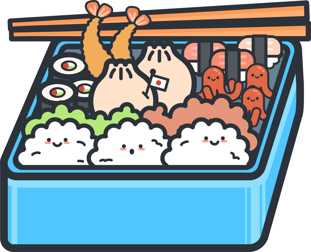 Cute Cartoon Bento Box with Sushi and Rice Balls on Transparent Background