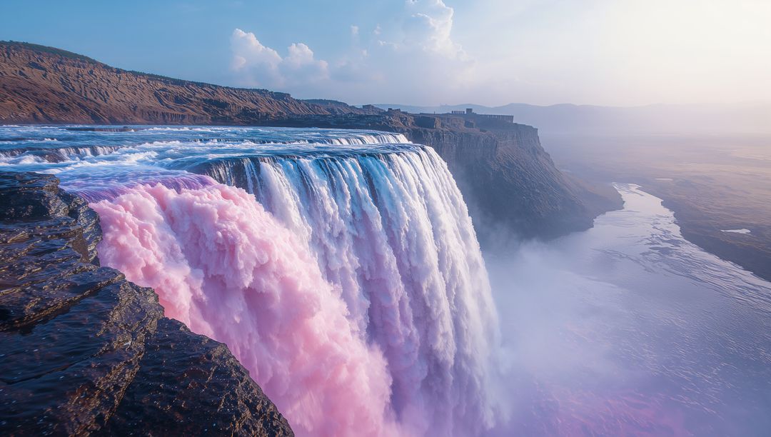 Surreal Pink Waterfall Cascading into Misty Canyon