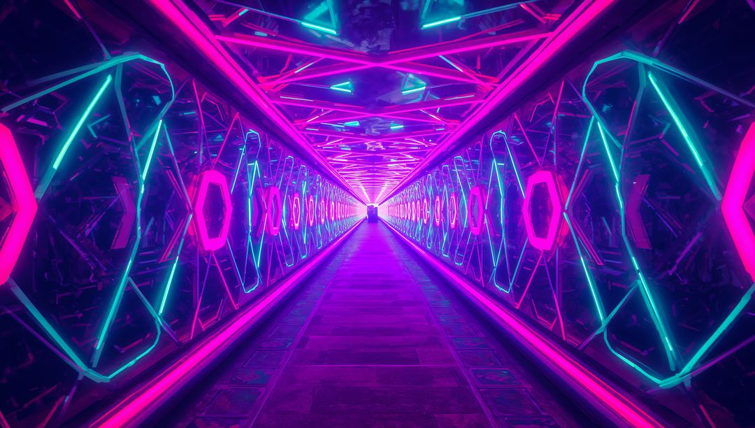 Futuristic Neon Hex Tunnel With Glowing LED Frames and Infinity Mirror Passage