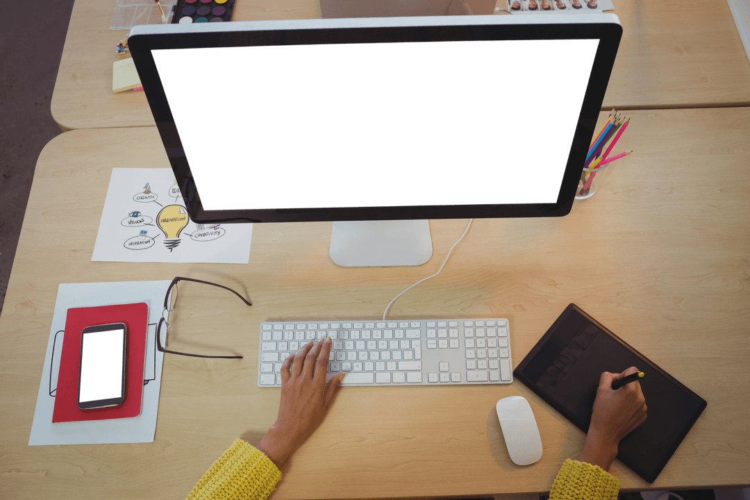 Transparent Design Space with Graphic Designer Working at Desk
