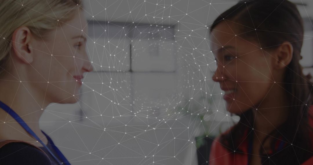 Colleagues Collaborating with Digital Network Overlay in Bright Office