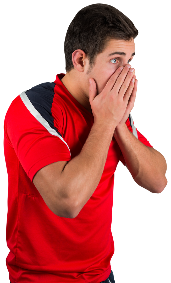 Nervous Football Fan in Red Jersey Standing on White Background - Download Free Stock Images Pikwizard.com