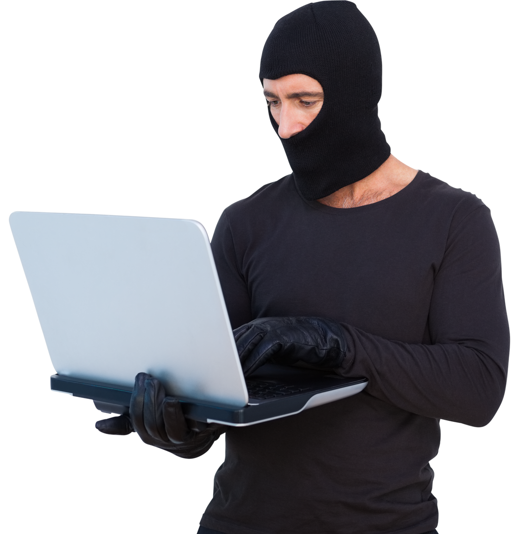 Transparent background burglar with balaclava hacking a laptop - Download Free Stock Images Pikwizard.com