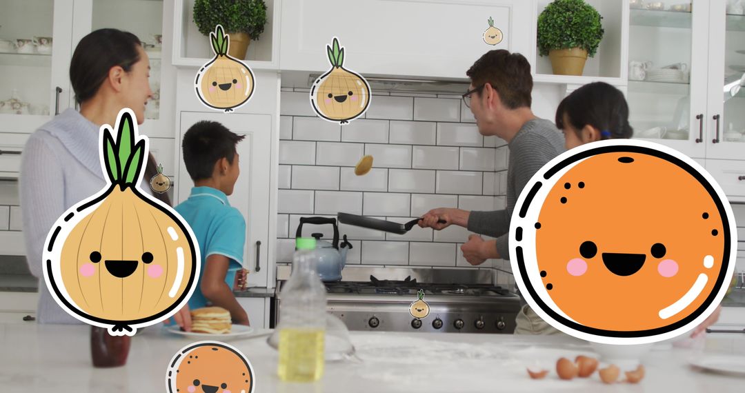 Happy Family Cooking with Playful Overlay Elements