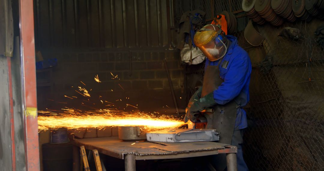 Industrial Worker Grinding Metal with Flying Sparks in Workshop - Free Images, Stock Photos and Pictures on Pikwizard.com