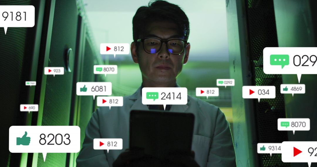 IT Technician Managing Social Media Analytics in Server Room