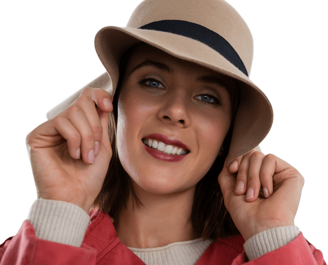 Smiling Woman Touching Her Hat Looking Confident Transparent Background