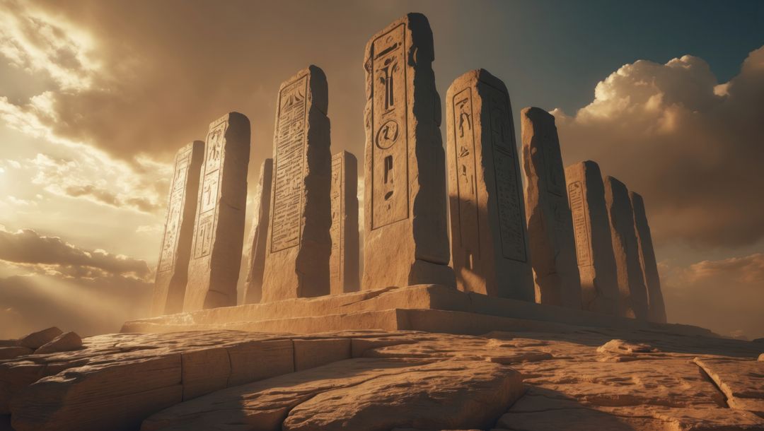 Ancient carved pillars at sunset with majestic sky, ten commandments concept