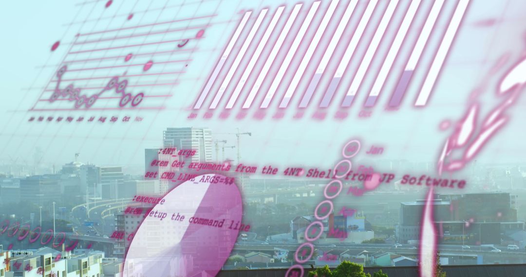 Digital Display of Code and Graphics Over Urban Skyline