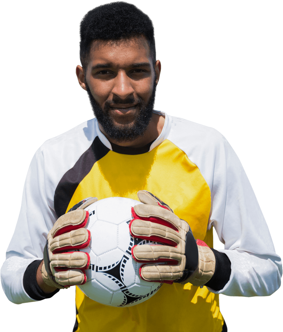 Biracial Handsome Goalkeeper Holding Soccer Ball on Transparent Background