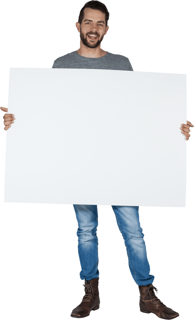 Happy Man Holding Large Blank Cardboard Cutout Transparent Background