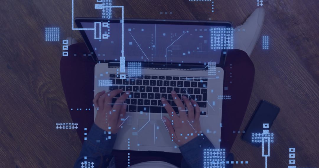 Caucasian Man Using Laptop with Digital Data Overlay