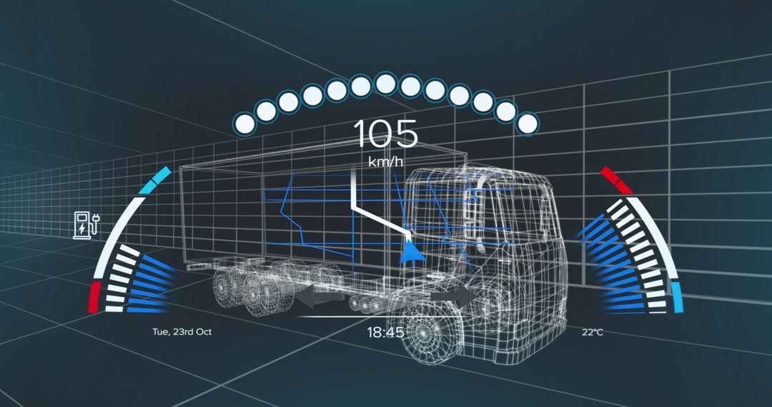 Digital Interface Displayed Over 3D Truck Model with Data Metrics