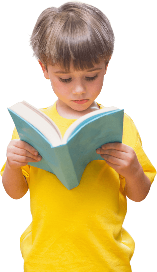 Curious Caucasian Child Reading Book on Transparent Background