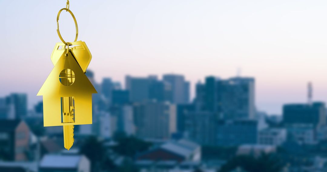 House-shaped Keychain with Blurred Urban Cityscape