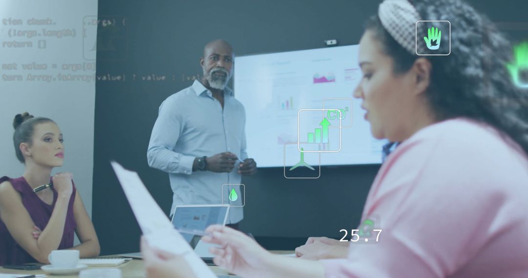 Diverse Team Discussing Sustainable Solutions with Data Charts