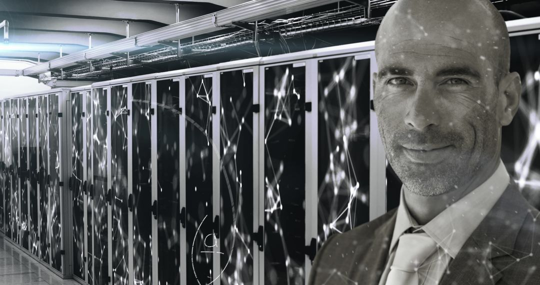 Businessman in Futuristic Server Room with Network Overlay