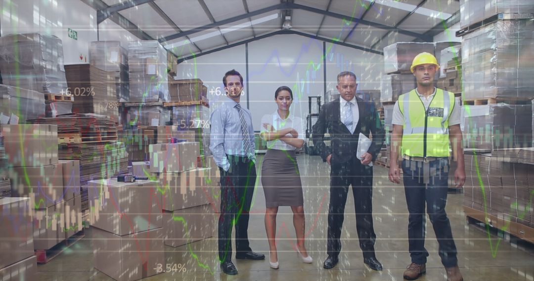 Diverse Team in Warehouse with Financial Graphs Overlay