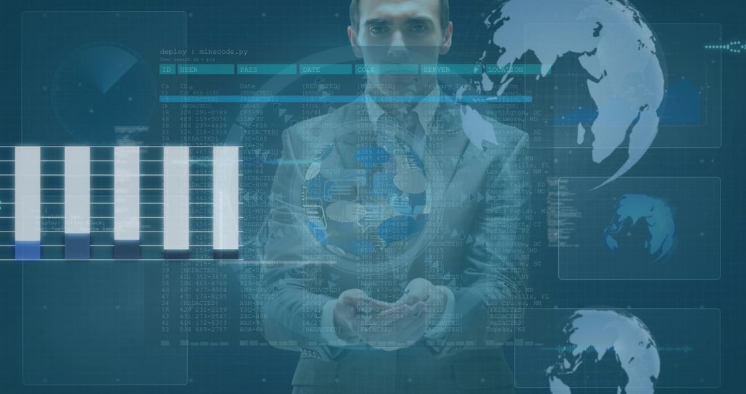 Businessman Interacting with Holographic World Map in Data Center