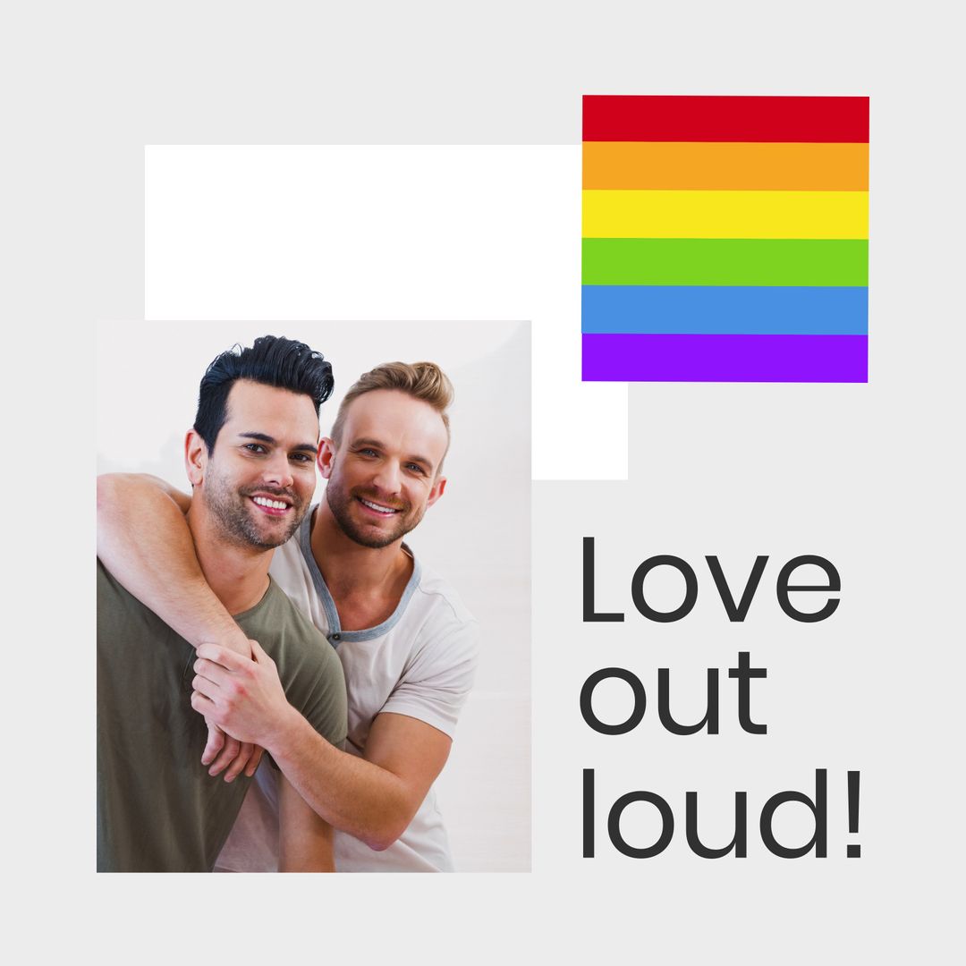 Happy Multiracial Gay Couple Embracing with Rainbow Flag