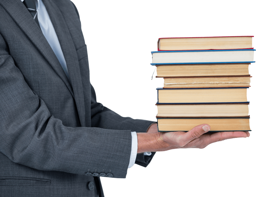Businessman Holding Stacked Books on Transparent Background