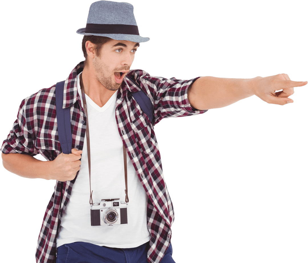 Transparent Surprised Tourist Pointing with Camera and Backpack