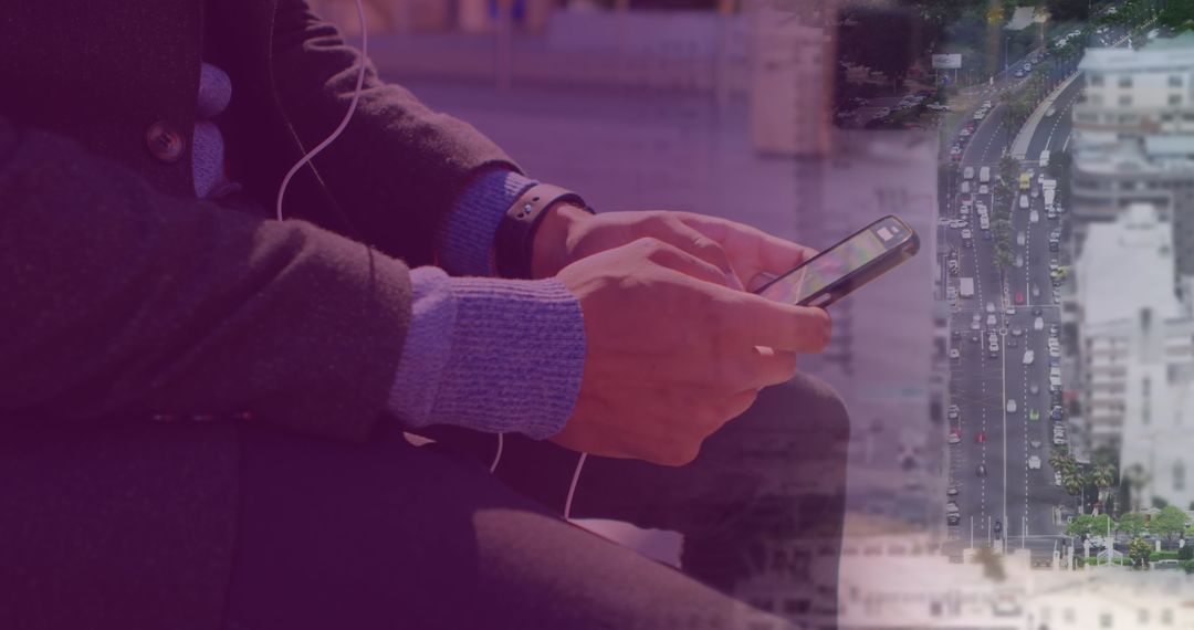 Modern Businessman Using Smartphone with Cityscape Overlay