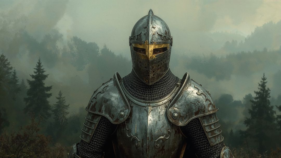 Medieval Knight in Armor Standing in Misty Forest Setting