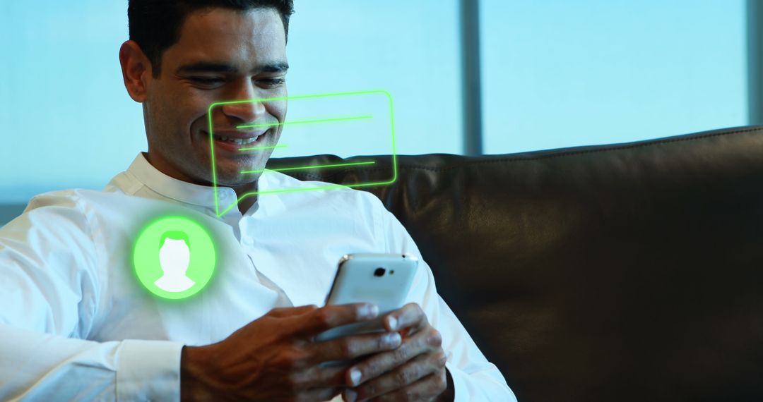 Smiling Man Engaged with Smartphone Intimately