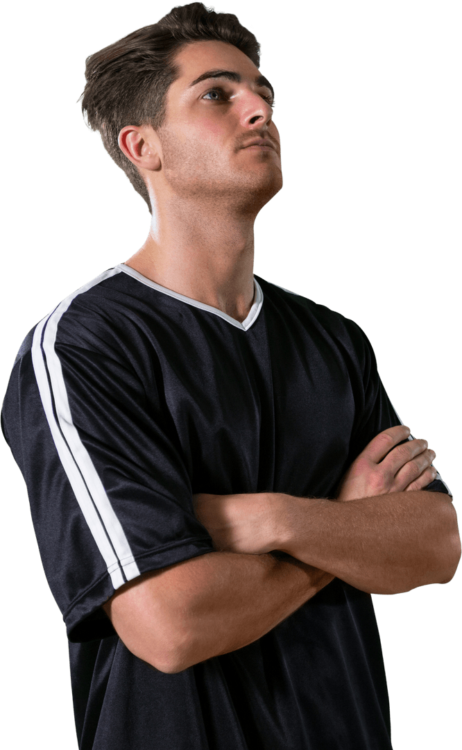 Transparent Thoughtful Athlete in Black Jersey with Arms Crossed
