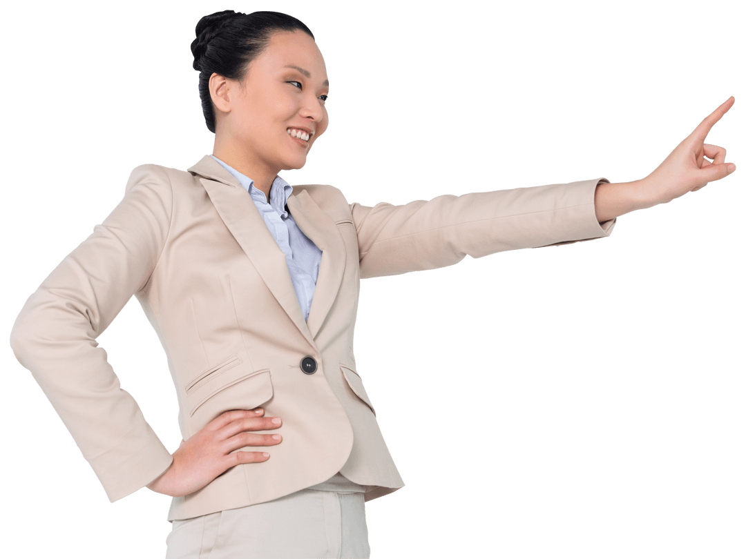 Asian Businesswoman Happily Pointing Transparent Image