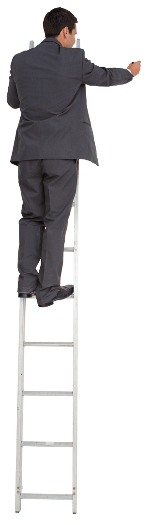 Businessman on Ladder Writing on Transparent Background