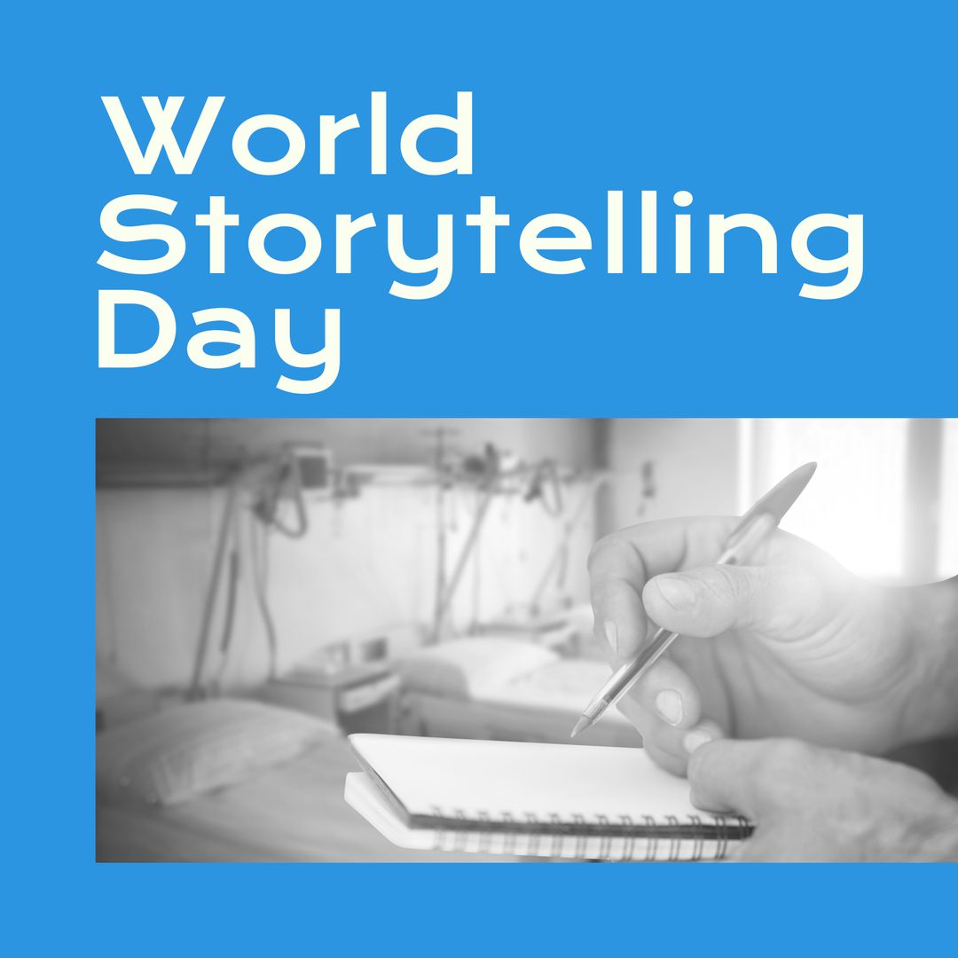 World storytelling day text with person writing on notepad