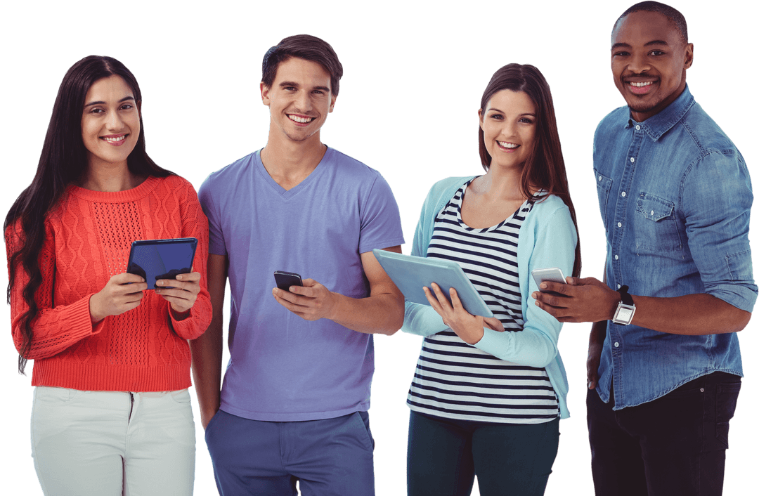 Diverse Team Engaging with Transparent Technology Devices in Casual Office