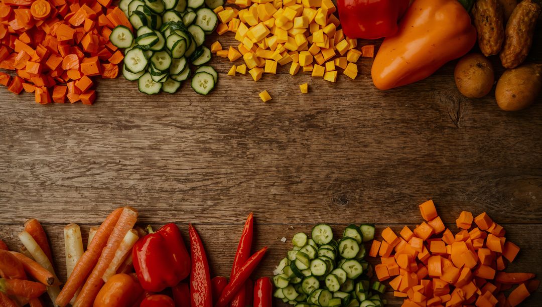 Overhead flatlay displaying colorful chopped vegetables on rustic wooden board for recipes