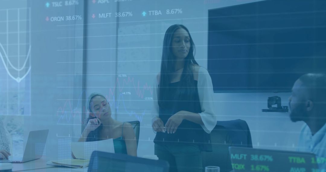 Diverse Business Team with Financial Data Overlay in Modern Office