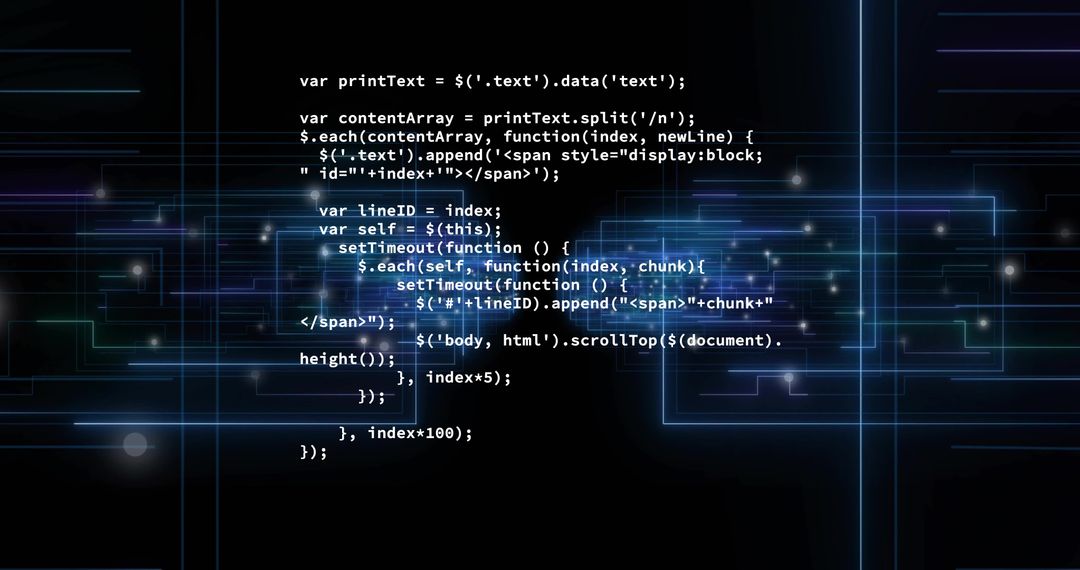 Streaming neon code overlay on futuristic circuit grid with glowing HUD holographic lines