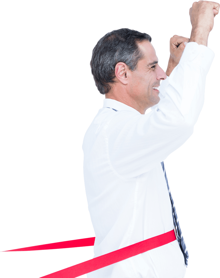 Joyful Businessman Breaking Finish Line Winning Race on Transparent Background