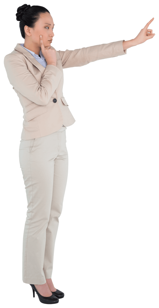 Asian Businesswoman Pointing with Focus on Transparent Background