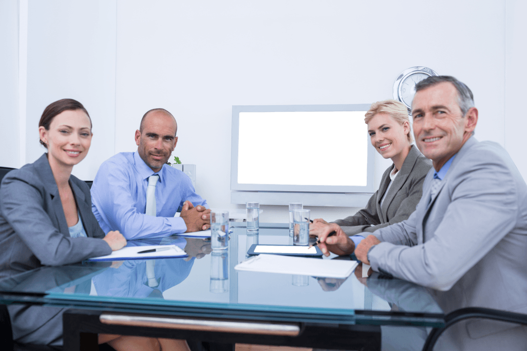 Corporate Team Meeting with Transparent Display Screen