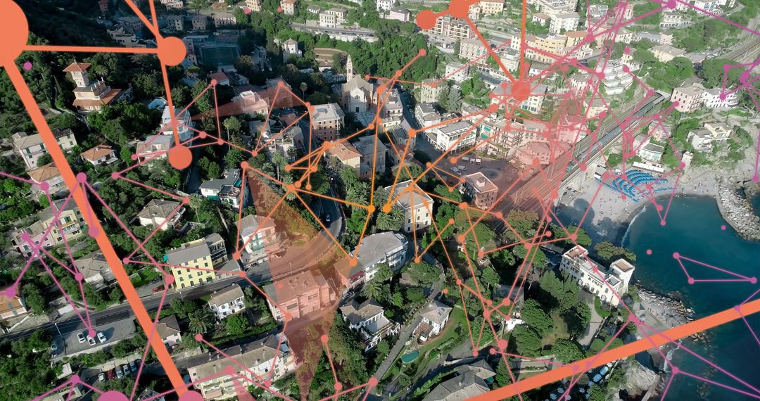 Aerial Mediterranean Village with Digital Connectivity Overlay