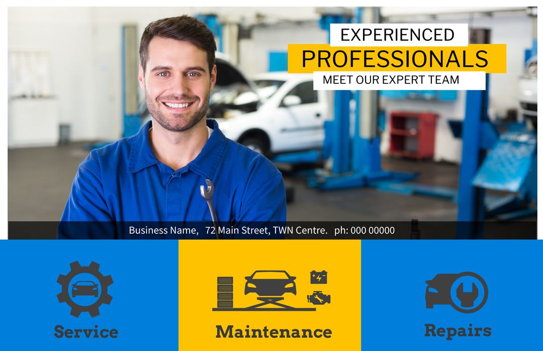 Confident Mechanic Smiling in Automotive Workshop Banner