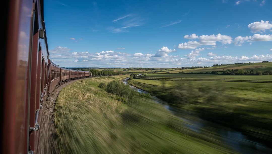 Maroon Train Curving Through Lush Countryside with Stream and Blue Sky